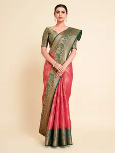 MIMOSA Pink And Green Ethnic Woven Design Zari Art Silk Kanjeevaram Saree