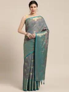 MIMOSA Turquoise Blue And Gold Toned Floral Woven Design Zari Art Silk Kanjeevaram Saree