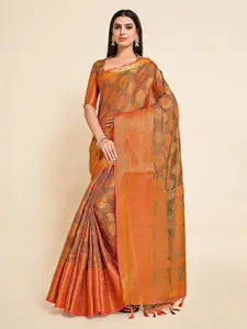 MIMOSA Orange And Gold Toned Floral Woven Design Zari Art Silk Kanjeevaram Saree