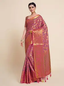 MIMOSA Pink & Gold-Toned Floral Zari Art Silk Kanjeevaram Saree