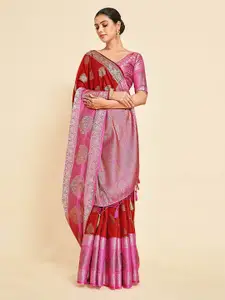 MIMOSA Maroon & Pink Woven Design Zari Art Silk Kanjeevaram Saree