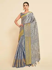 MIMOSA Grey & Gold-Toned Paisley Zari Art Silk Kanjeevaram Saree