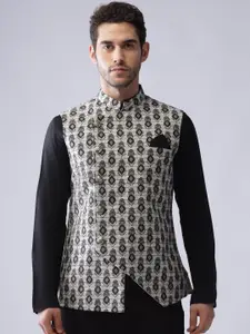 KISAH Men Black Woven Design Nehru Jacket