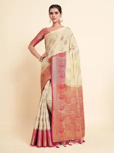 MIMOSA Off White & Red Woven Design Zari Art Silk Kanjeevaram Saree