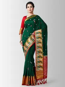 MIMOSA Green & Red Paisley Embroidered Art Silk Kanjeevaram Saree