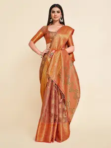 MIMOSA Orange & Red Woven Design Zari Art Silk Kanjeevaram Saree