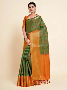 MIMOSA Green & Orange Woven Design Zari Art Silk Kanjeevaram Saree