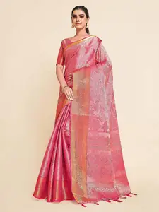 MIMOSA Pink & Orange Floral Zari Art Silk Kanjeevaram Saree