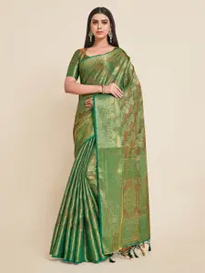 MIMOSA Green & Gold-Toned Floral Zari Art Silk Kanjeevaram Saree