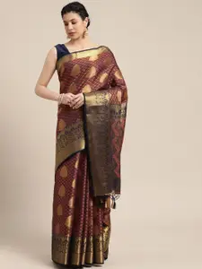 MIMOSA Navy Blue & Gold-Toned Ethnic Motifs Zari Art Silk Kanjeevaram Saree