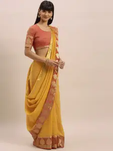 MIMOSA Mustard & Red Woven Design Zari Art Silk Kanjeevaram Saree