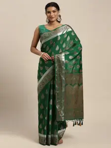 MIMOSA Green & Silver-Toned Ethnic Motifs Zari Art Silk Kanjeevaram Saree