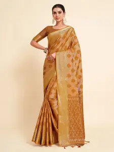 MIMOSA Mustard & Gold-Toned Ethnic Motifs Zari Art Silk Kanjeevaram Saree