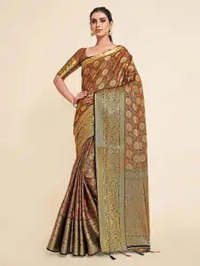 MIMOSA Brown & Green Ethnic Motifs Zari Art Silk Kanjeevaram Saree