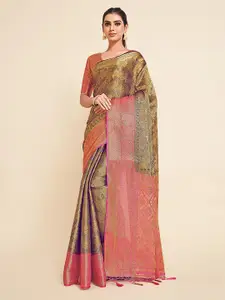 MIMOSA Navy Blue & Pink Floral Art Silk Kanjeevaram Saree