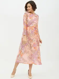 StyleStone Peach Printed Georgette Midi Dress