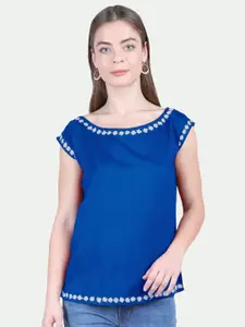 PATRORNA Plus Size Women Blue Floral Lace Detail Short Sleeveless Top