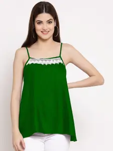 PATRORNA Women Plus Size Green & White Lace Inserted Asymmetrical Top
