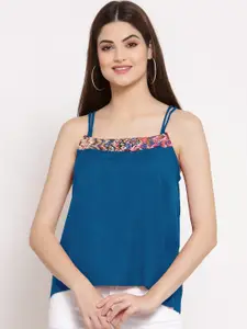 PATRORNA Women Blue Solid Shoulder Straps Cotton Blend Top