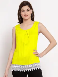 PATRORNA Women Plus Size Yellow Solid Lace Detail Top