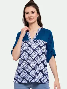 PATRORNA Women Blue Printed Roll-Up Sleeves Top