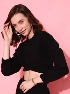 STREET 9 Women Elegant Black Solid Sweatshirt