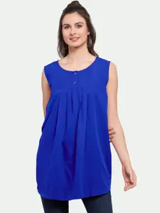 PATRORNA Women Blue Solid Pleated Top