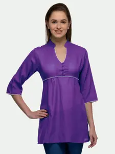PATRORNA Plus Size Women Purple Mandarin Collar Empire Longline Top