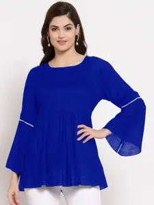 PATRORNA Plus Size Women Blue Solid Pleated Bell Sleeves Peplum Top