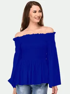 PATRORNA Plus Size Women Blue Smocked Off-Shoulder Peplum Top