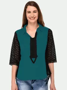 PATRORNA Women Plus Size Teal Solid Lace Top