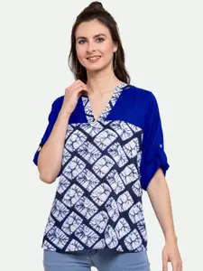 PATRORNA Plus Size Women Blue And White Geometric Print Roll-Up Sleeves Top