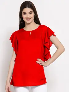 PATRORNA Women Red Solid Keyhole Neck Ruffles Top