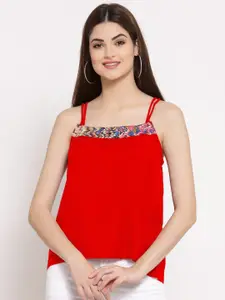 PATRORNA Women Red Shoulder Straps Sleeveless Cotton Blend Top