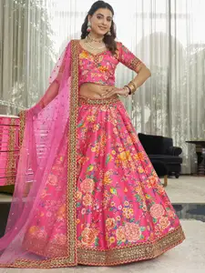 FABPIXEL Pink Printed Semi-Stitched Lehenga & Unstitched Blouse With Dupatta