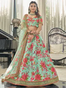 FABPIXEL Sea Green & Red Printed Semi-Stitched Lehenga & Unstitched Blouse With Dupatta