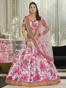 FABPIXEL Women Pink & Green Printed Semi-Stitched Lehenga & Unstitched Blouse With Dupatta
