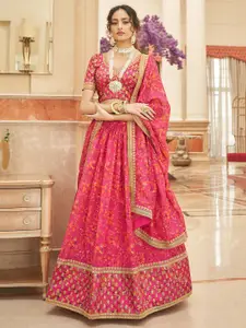 FABPIXEL Pink & Gold-Toned Embroidered Semi-Stitched Lehenga & Unstitched Blouse With Dupatta