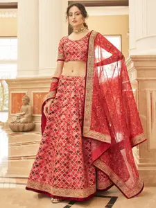 FABPIXEL Red & Gold-Toned Embroidered Semi-Stitched Lehenga & Unstitched Blouse With Dupatta