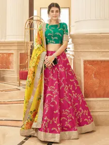 FABPIXEL Pink & Yellow Embroidered Semi-Stitched Lehenga & Unstitched Blouse With Dupatta