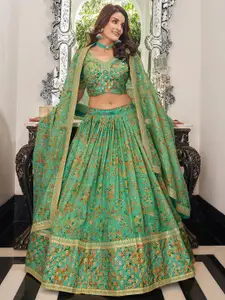 FABPIXEL Green & Gold-Toned Semi-Stitched Lehenga & Unstitched Blouse With Dupatta