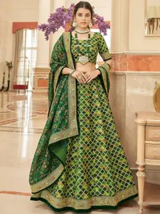 FABPIXEL Green & Red Embroidered Sequinned Semi-Stitched Lehenga & Unstitched Blouse With Dupatta
