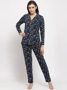 Claura Women Navy Blue & Yellow Pure Cotton Printed Night suit