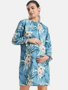 angloindu Women Blue Floral Crepe Maternity A-Line Dress