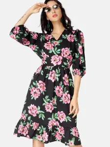 angloindu Women Black & Yellow Floral Crepe Dress