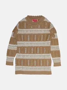 CHIMPRALA Girls Brown & Cream-Coloured Ribbed Pullover