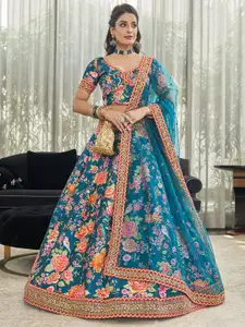 FABPIXEL Teal & Orange Printed Beads and Stones Semi-Stitched Lehenga Choli
