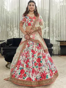 FABPIXEL White & Red Printed Beads and Stones Semi-Stitched Lehenga & Unstitched Blouse With Dupatta