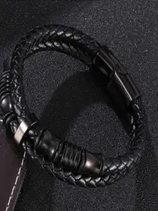 UNIVERSITY TRENDZ Men Black PU Leather Wraparound Bracelet