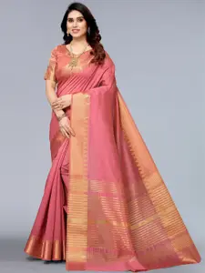 Winza Designer Pink & Gold-Toned Woven Design Zari Silk Blend Banarasi Saree
